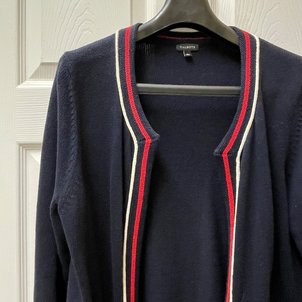 Talbots Women's Sz Large Navy Open Front Cardigan Red White Trim Hook & Eye‎
